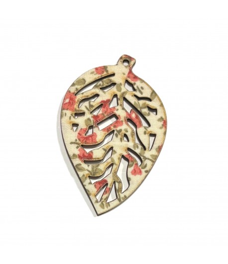 FEUILLE FLEURIE EN BOIS - ROSE 3.9X5.9CM