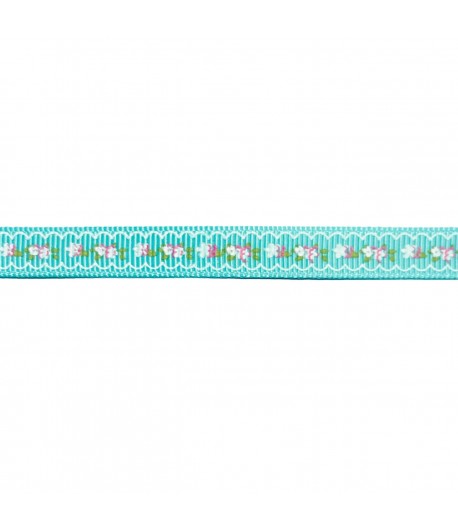 RUBAN TURQUOISE PETITES FLEURS CM - 1 METRE