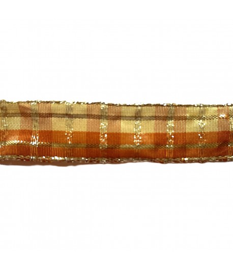 RUBAN CARREAUX ORANGE/OR 2.5CM - 1 METRE