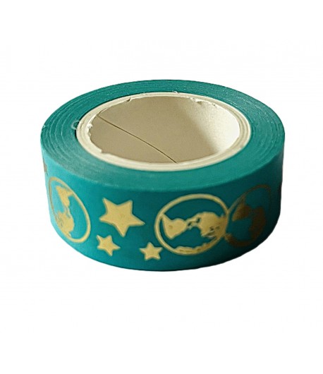 MASKING TAPE TURQUOISE ETOILES ET PLANETES OR 1.5CMX 10 M