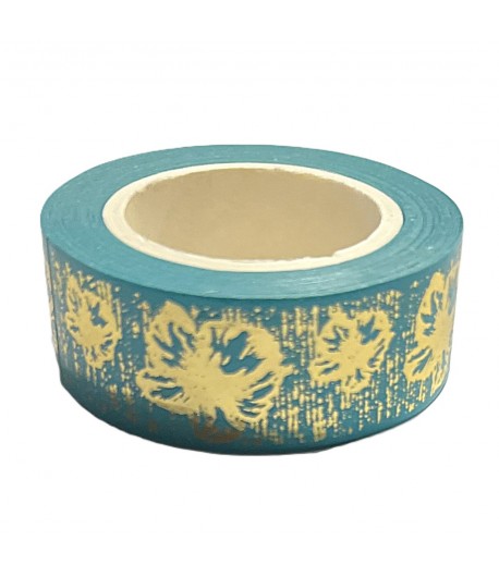 MASKING TAPE FLEURS TURQUOISE ET OR 1.5CM X 10 M