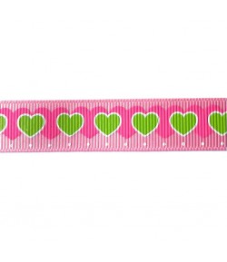RUBAN ROSE COEURS ROSE ET VERT 1.5CMX1M