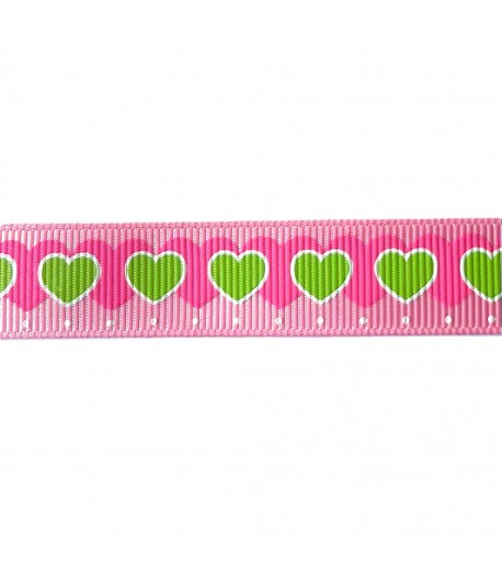 RUBAN ROSE COEURS ROSE ET VERT 1.5CMX1M