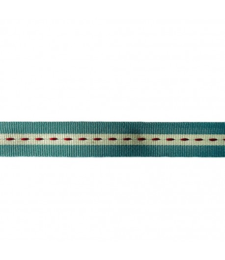 RUBAN TURQUOISE TIRETS ROUGES 1.6CM - 1M