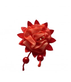 FLEUR EN TISSU AVEC PERLES - ROUGE ORANGER 6X8CM