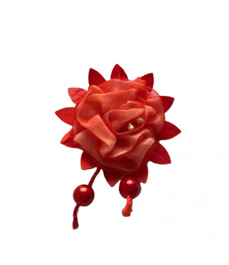 FLEUR EN TISSU AVEC PERLES - ROUGE ORANGER 6X8CM