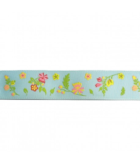RUBAN BLEU CIEL FLEURS 2.5CM - 1 M