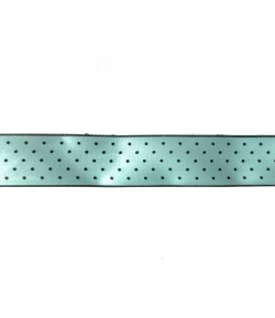 RUBAN BLEU CIEL POIS NOIRS 2.5CM - 1 M